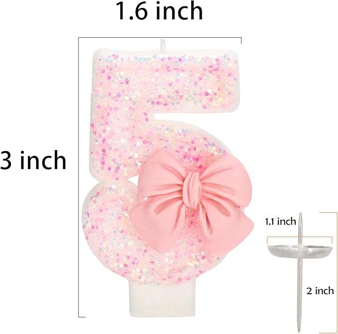 Birthday Candle for Cake, 5 Candle - Pink Glitter with Bowknot, 2.76 inch Happy Birthday Candle, Cake Topper Decoration for 5 Years Old Birthday Party (Number 5)