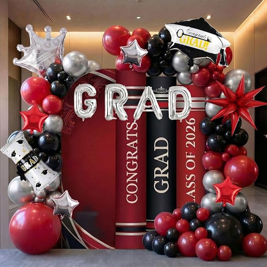 Black red and silver Balloon Garland Arch Kit 130Pcs with red and Silver Stars Graduation Certificate Graduation Cap crown GRAD Letters Mylar Balloons for 2026 GRAD Prom Decorations