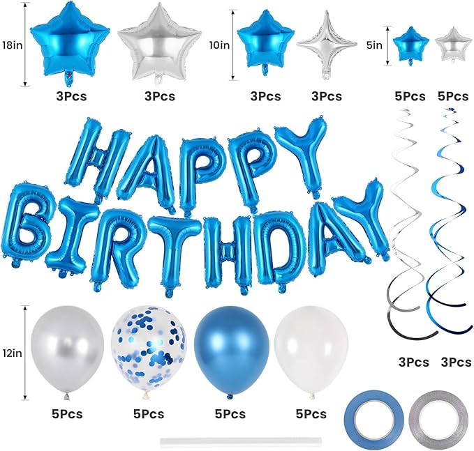 55 Pcs Happy Birthday Balloons Letters Banner with 35 Pcs Star Foil Balloon, 20 Pcs Latex Balloons, 6 Hanging Swirls for Women Men Boys Girls Birthday Party Decorations Set ﻿ (Blue)