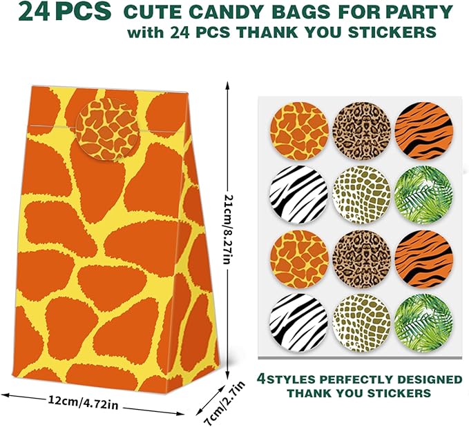 24 Pcs Animal Print Goodie Bags Wildlife Print Gift Bags with Stickers -Wild Life Animal Themed Birthday Party Favor Bags, Leopard Tiger Zebra Giraffe Pattern for Animal Themed for Party Decoration Supplies