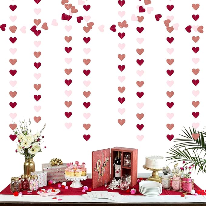 Burgundy-Red Rose-Gold Valentines Party-Decorations Heart-Garland - 52ft Pink Galentines Hanging Streamers Banner,Women Romantic Special Night Wedding Bachelorette Birthday Backdrop Decor Burgleda