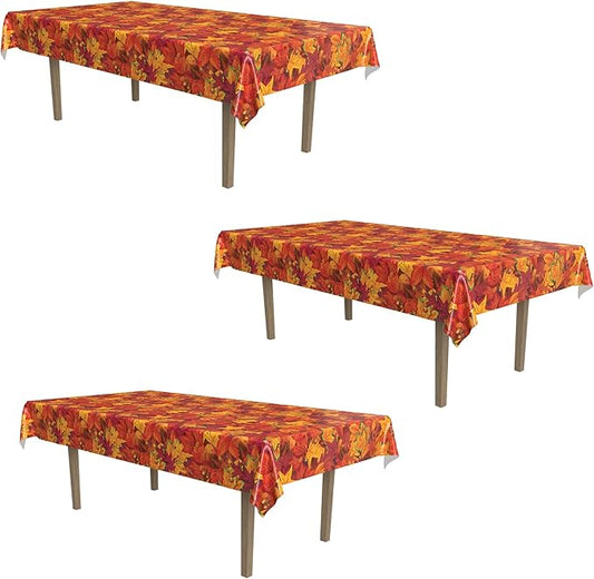 Beistle Fall Leaf Tablecovers, 54” x 108”, 3 Pieces – Plastic Table Cloth, Rectangular Tablecloth