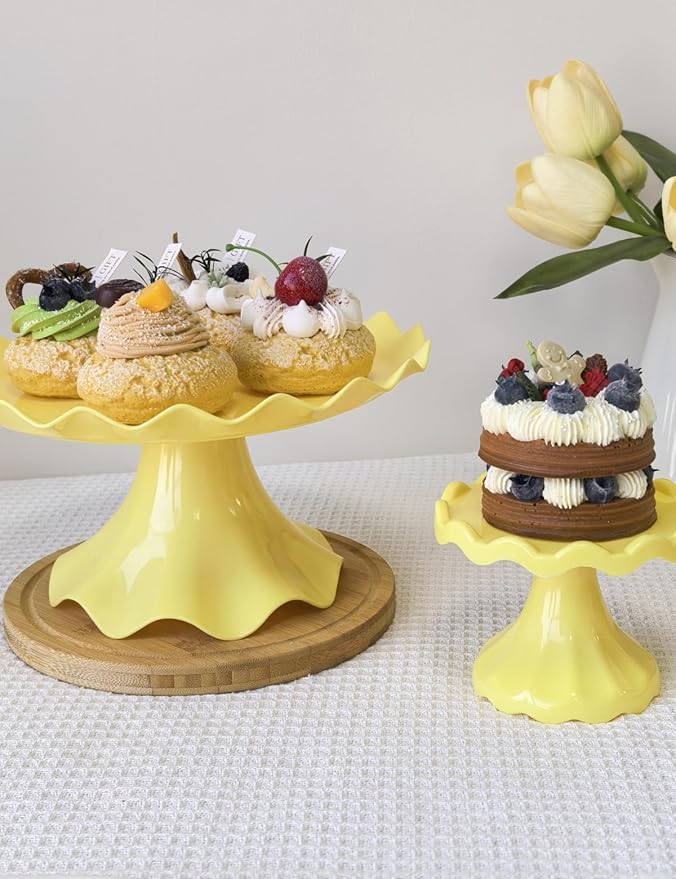 3 Pcs Cake Stand Set, Laced Cake Stand, Mini Cupdake Holder for Party,Wedding,Birthday,Celebration,Baby Shower,Anniversary (Macaroon Yellow)