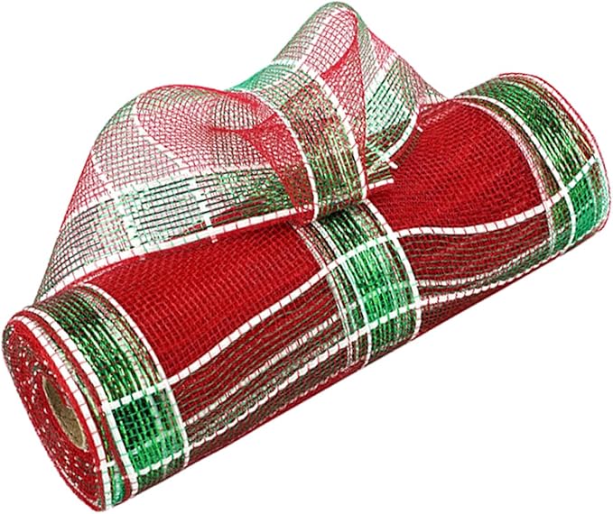 3 Rolls Red Green Deco Mesh Ribbon for Wreath Making Supplies, 10 Inch x 30FT Metallic Foil Burlap Deco Mesh Fabric for Christmas Tree New Year Winter Door Wreath Swags and Decorating