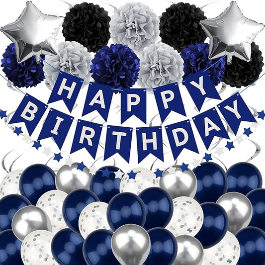 Men's Birthday Decorations - Navy Blue & Black Party Decor with Banner for 30th, 40th, 50th, 60th, 70th Birthdays & Anniversaries