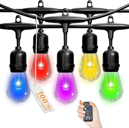 RGB Safety String Lights 100FT - Commercial Grade Low Voltage Strand with 40 S14 Shatterproof Bulbs for Tree Garden Yard bistro Cafe | RGB Party Lights & Outdoor Lights | IP65 Waterproof | UL Listed
