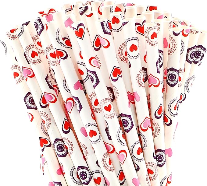 100 Pcs Retro Heart Print Biodegradable Paper Straws, Eco-Friendly Drinking Straws for Valentine's Day Party,Birthday Party Supplies, Wedding Decorations