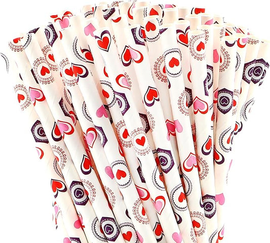 100 Pcs Retro Heart Print Biodegradable Paper Straws, Eco-Friendly Drinking Straws for Valentine's Day Party,Birthday Party Supplies, Wedding Decorations