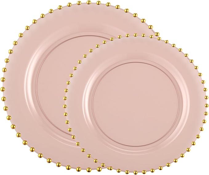 PLASTICPRO 64 Piece Combo Plastic Dinner Plates Disposable Plastic Fancy Heavy Duty Party Dishes 7 inch and 10 inch, Translucent Rose and Gold Beaded