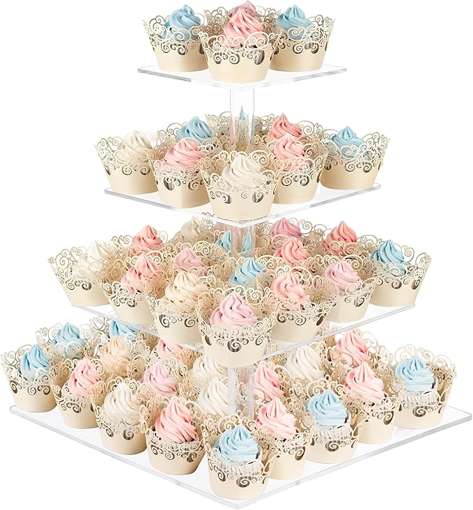 AMEITECH Cupcake Stand with Base, 4-Tier Square Acrylic Cupcake Display Stand Dessert Tower Pastry Stand Premium Cupcake Holder for Wedding Birthday Theme Party - Transparent