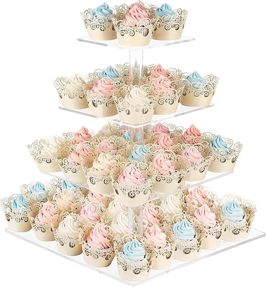 AMEITECH Cupcake Stand with Base, 4-Tier Square Acrylic Cupcake Display Stand Dessert Tower Pastry Stand Premium Cupcake Holder for Wedding Birthday Theme Party - Transparent
