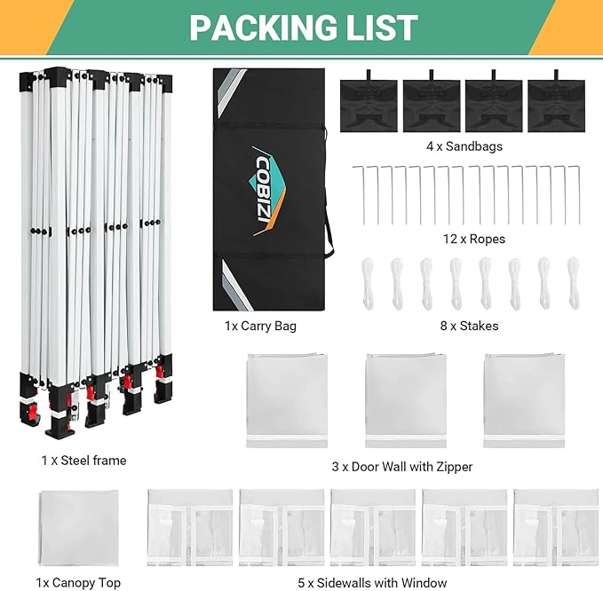 COBIZI 10x30 Pop Up Canopy Tent for Parties with 8 Sidewalls Waterproof Commercial Instant Canopy 10x30 Party Tent for Backyard, Wedding Portable Outdoor Gazebo with Carrybag&4 Sandbags(White