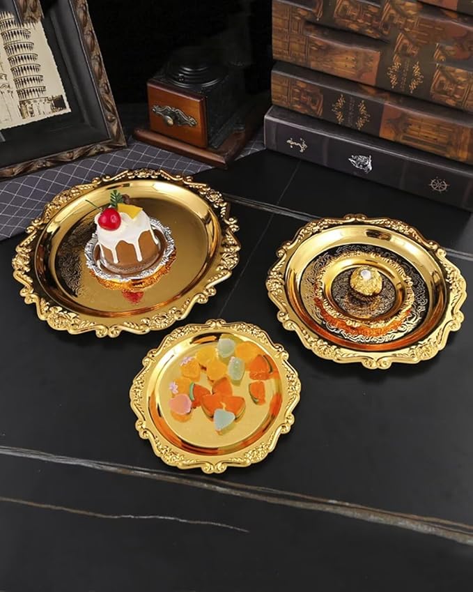 Round Decorative Tray 9.8in Metal Dessert Plates Vintage Coffee Table Tray for Snacks Fruit Gold