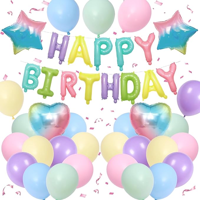 Pastel Rainbow Birthday Decorations,Pastel Blue Green Yellow Purple Pink Balloons Happy Birthdays Balloon Banner for Girls Boys Kids Birthday Baby Shower Party Decorations