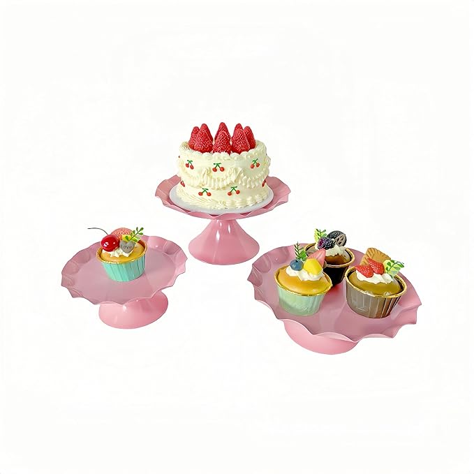 3 Pcs Metal Cake Stand Set, Scalloped Edge Cupcake Tray Dessert Display Platter, Decorative Serving Stand for Wedding, Birthday, Tea Party,Baby Show (Pink)