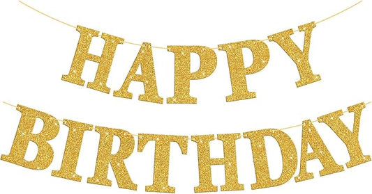 Glitter Happy Birthday Banner Sign Birthday Garland Wall Door Banners Flag for Women Men Boys Girls Party Backdrop Hanging Decorations Personalized Name Banners, Large Letters Gold