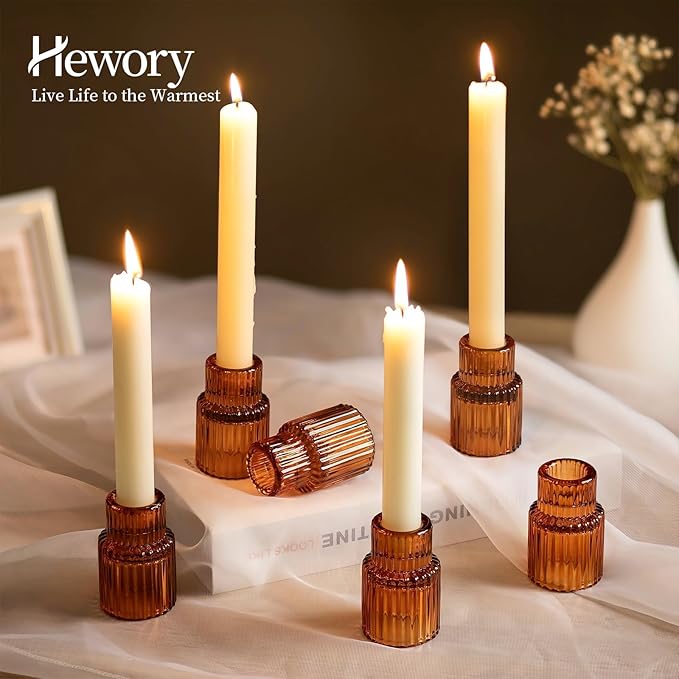 Hewory Glass Taper Candle Holders: 10 PCS Amber Elegant Candle Holder Candlestick Holders Bulk, Ribbed Glass Candle Holder Candle Sticks Holder Decor for Table Centerpiece Fall Thanksgiving Home Decor