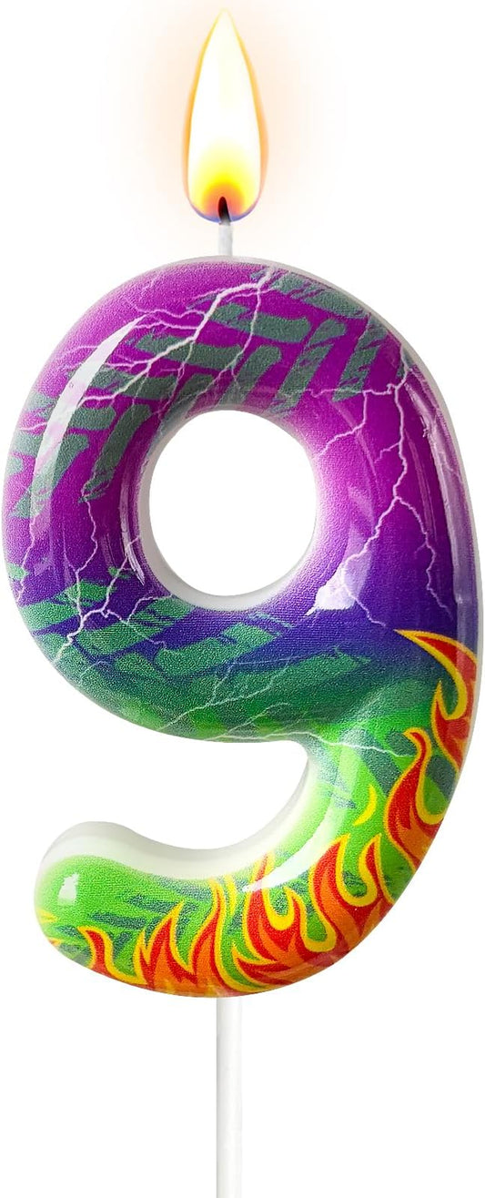 Number 9 Birthday Candle for Cake – Purple Green Flame Design with Lightning & Tire Track Pattern – Off-Road Truck Theme Cake Topper for Birthday Party Decoration