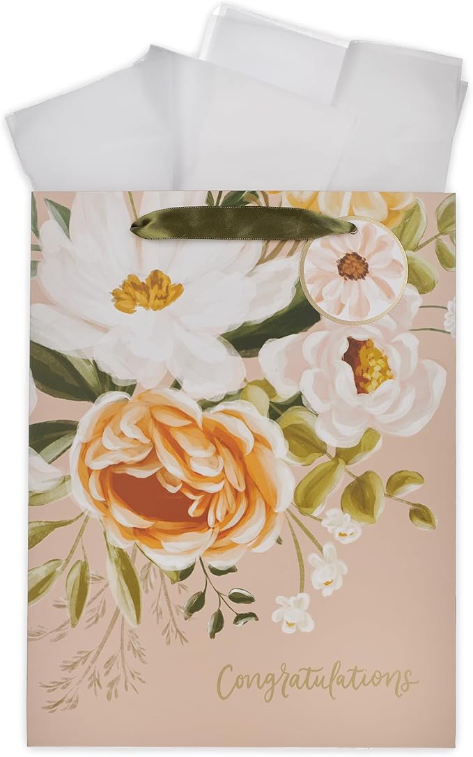 Christian Art Gifts Large Portrait Inspirational Gift Bag, Tag & Wrapping Tissue Paper Set for Women: Congratulations, Weddings, Anniversaries, Satin Ribbon Handles, Peach Pink/Gold Multicolor Floral