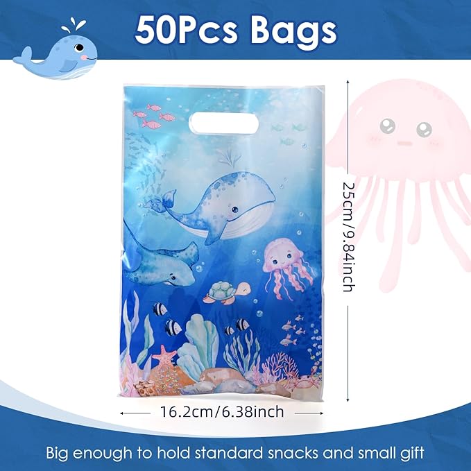 50 Pcs Ocean Animal Party Favor Bags with Handles - Plastic Under the Sea Party Goodie Bags for Candy & Small Gifts, Bulk Supplies for Wedding Baby Shower Treat Bags, Holiday Gift Bags(Thanksgiving, Halloween, Christmas, New Years), Birthday Party Deco...