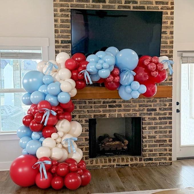 Red and Blue Balloon Arch Kit, Double Stuffed Red White and Blue Balloons with Bows for Cherry Birthday Baby Shower Bridal Shower Valentines Day Party Decorations