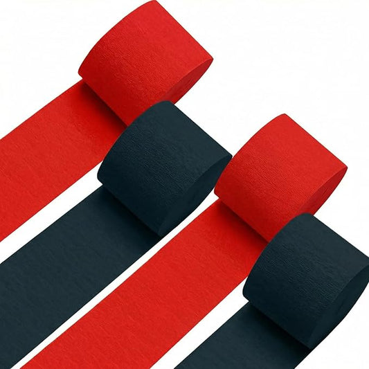 Black and Red Crepe Paper Streamers 4 Rolls 328ft, Pack of Party Streamers for Halloween, Crepe Paper for Birthday, Kwanzaa, Christmas Party Decorations (1.8 Inch x 82 Ft/Roll)