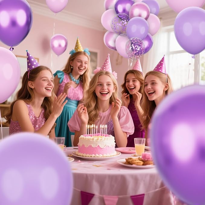 68pcs Pink and Purple Balloons, 12 Inch Metallic Purple Pink Confetti Latex Balloons with Ribbon, Party Balloons for Girls Birthday Baby Shower Wedding Party Decorations