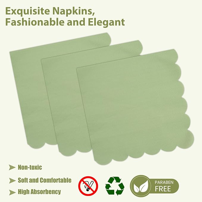 75 PCS Sage Green Paper Plates and Napkins Party Supplies, Green Scalloped Plates Napkins Forks Disposable Tableware Set for Bridal Baby Shower Wedding Birthday Party Decorations