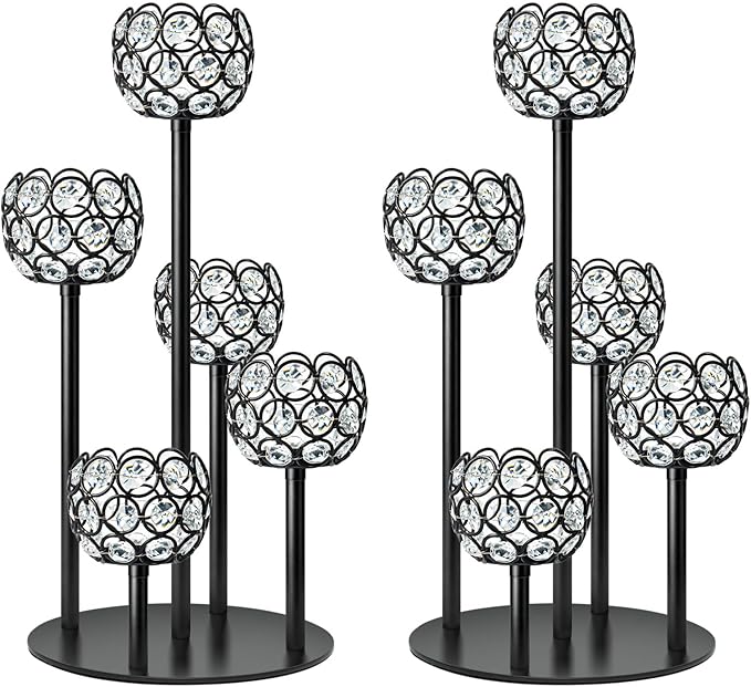5-Arm Crystal Tealight Candelabra Centerpiece, 14.8 Inch Metal Candle Holder for Table Decor, Wedding, Christmas, Party, Anniversary & Home Decoration (2, Black, S-14.8 in)