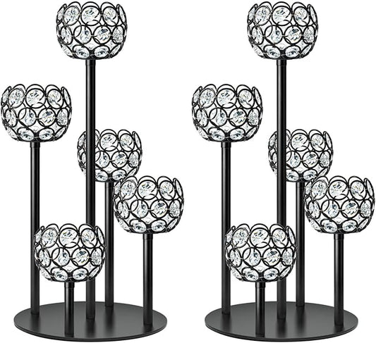 5-Arm Crystal Tealight Candelabra Centerpiece, 14.8 Inch Metal Candle Holder for Table Decor, Wedding, Christmas, Party, Anniversary & Home Decoration (2, Black, S-14.8 in)