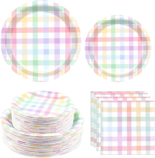 180PCS Easter Buffalo Plaid Party Supplies – Colorful Buffalo Plaid Paper Plates and Napkins Set, Pastel Gingham Disposable Tableware for Spring Easter Birthday Party Supplies Decorations