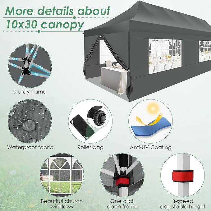 COBIZI Canopy Tent 10x30 Pop Up Canopy with 8 Removable Sidewalls Party Tents for Parties Wedding Patio Commercial Waterproof and UV50+ Ez Outdoor Instant Gazebo with Roller Bag & 4 Sandbags（Grey）