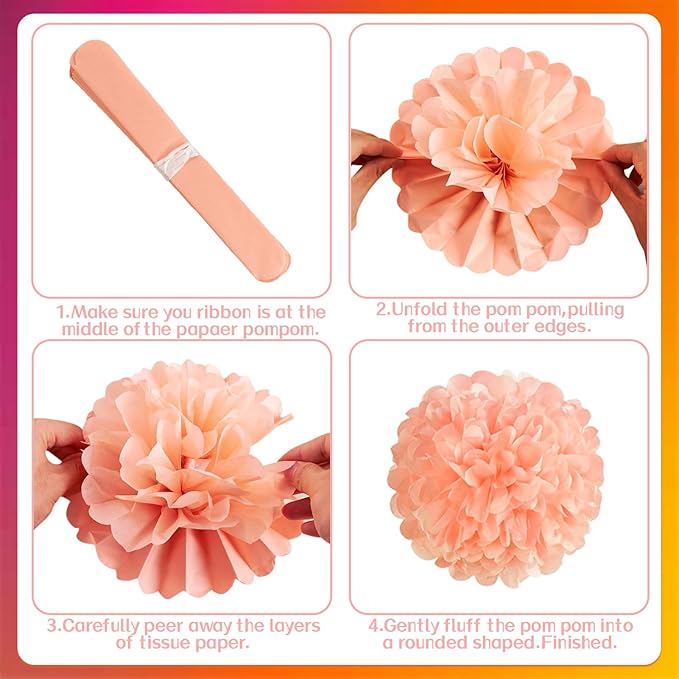 15Pcs Tissue Pom Poms Pink Orange Paper Flowers Hanging Decorations Orange Pink Flower Ball for Baby Shower Wedding Nursery Birthday Party Backdrop Home Outdoor