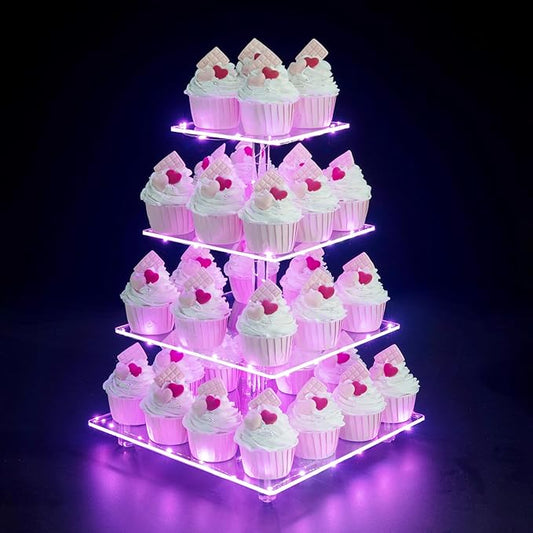 Cupcake Stand, 4-Tier Square Cupcake Holder with LED Light String, Acrylic Cupcake Tower Display-Dessert Tower-Pastry Stand-Cupcake Tier Stand for Wedding, Birthday Party ( Pink Light)…