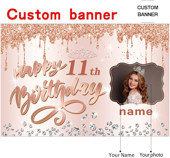 Customizable Rose Gold Happy 11th Birthday Decoration Banner - Personalized with Name and Photo