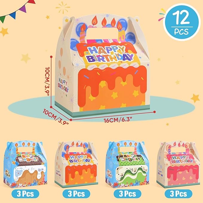 WERNNSAI 12 Pack Birthday Party Favor Boxes - Happy Birthday Party Decorations Candy Boxes for Girls Boys Gift Wrapping Cake Goodies Bags with Handle for Party Supplies
