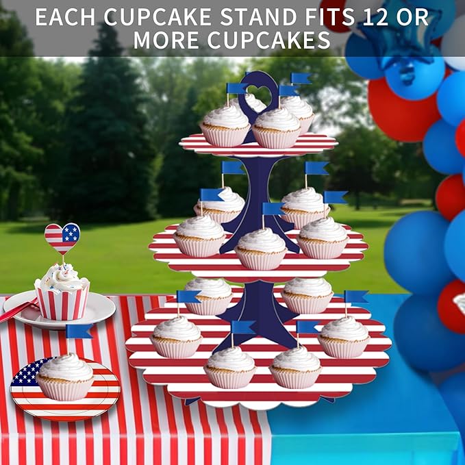 Patriotic Cupcake Stand, 3-Tier Red White Blue Cardboard Dessert Tower, Independence Day Memorial Veterans Day Party Decorations, American Flag Theme Dessert Display (2-Pack)