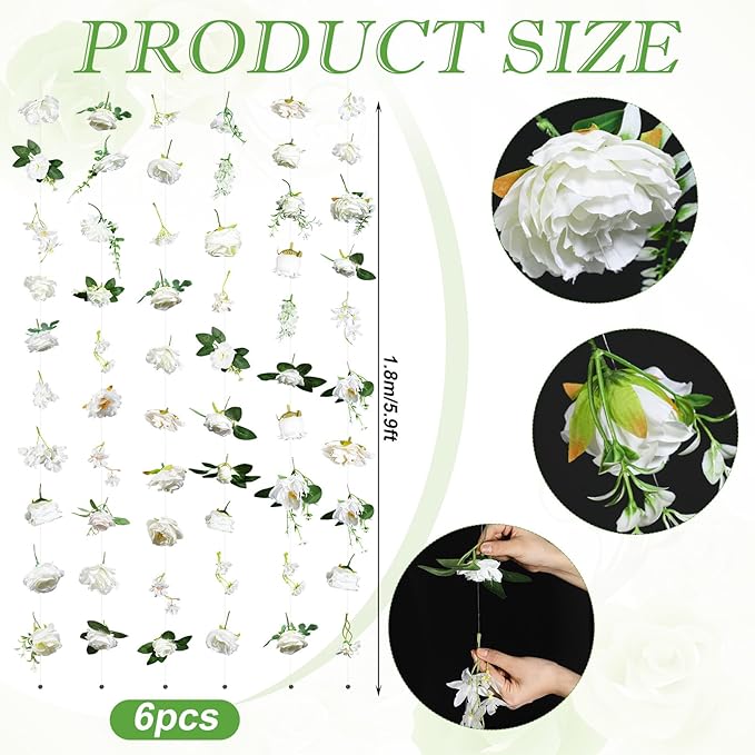 Suncalla 6 Pcs 35.46 ft Flower Garlands Backdrop Spring Artificial Wildflower Vines Floral Decorations for Party Fake Flower Vines Faux Silk Wildflower for Easter Wedding Garden Wall Arch (White)