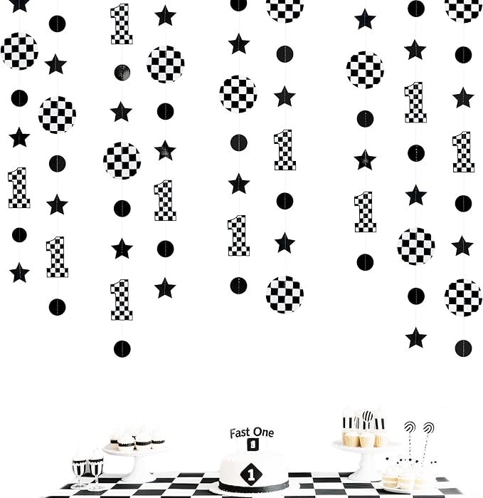 Fast One Birthday Decorations Black White Checkered Polka Dot Star Hanging Garland Banner for Checkered Race Car First Lap Around the Track Bday Talladega Nights 1st Birthday Decorations Supplies