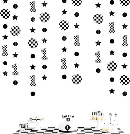 Fast One Birthday Decorations Black White Checkered Polka Dot Star Hanging Garland Banner for Checkered Race Car First Lap Around the Track Bday Talladega Nights 1st Birthday Decorations Supplies