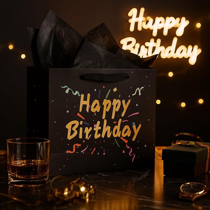Febbleshow Black Birthday Gift Bags with Tissue Paper - Matte Finish with Gold Foil Lettering and Confetti Design - Birthday Party Gift Bag for Men Women Kids - 13"x10.3"x4.7" (Pack of 2)