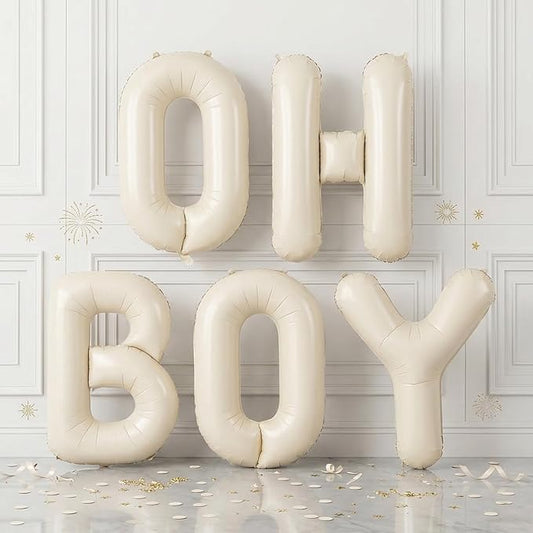 40 Inch Beige Oh Boy Balloons, Large Cream White OH BOY Balloon Letters, Neutral Ivory Sand White Big Alphabet Banner Sign Balloon for Boys Birthday Baby Shower Gender Reveal Party Decorations