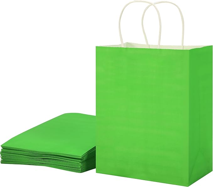 SUNCOLOR 25 Pack Green Gift Bags with Handles – 8x4.5x10 Medium Bags for Shopping, Retail, DIY, Wedding, Party Favors & Special Occasions