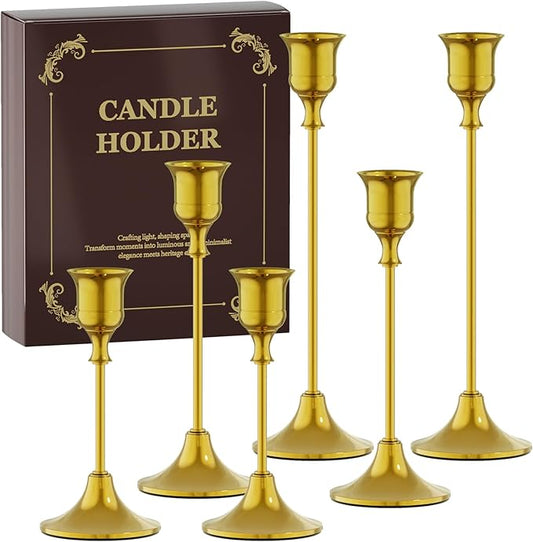 FSyueyun 6 Pcs Gold Candle Holders, Elegant Metal Taper Candle Holders Set, Modern Candlestick Holders for Table Centerpiece, Fireplace Mantel, Wedding, Christmas Home Decor and Housewarming Gift
