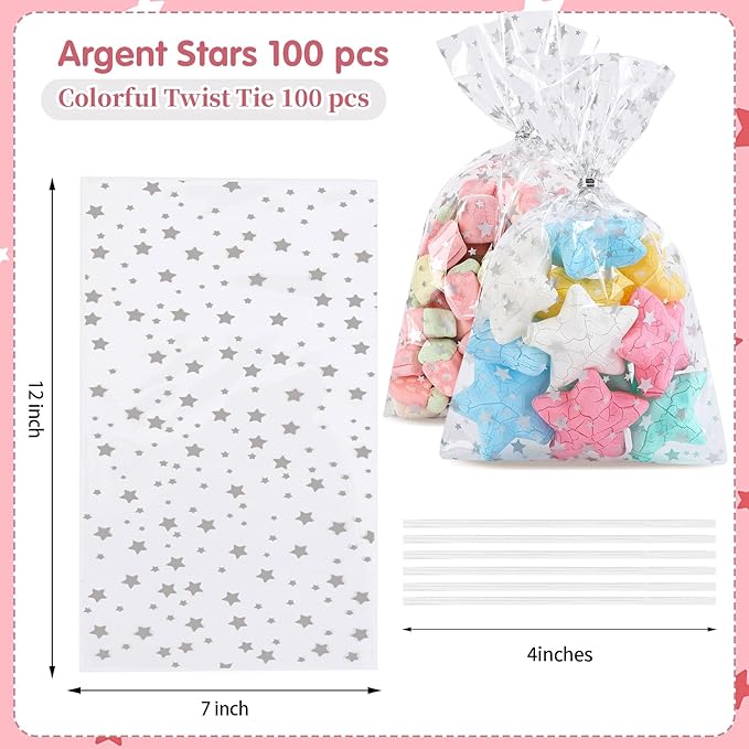 100 Pcs 7 x 12 Inch Clear Cellophane Treat Bags with 100 Silver Twist Ties, Silver Star Printed Heat Sealable Candy Bags for Cookies, Bakery, Party Favors, Gift Wrapping
