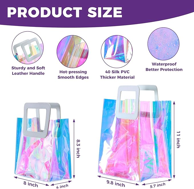 20 Pcs Reusable Holographic Medium Gift Bags with Handle 11''x9.8''x5.7'' Iridescent Bachelorette Party Favor Bags Clear PVC Tote Goodie Bags for Shopping, Picnics, Baby Showers, Weddings, Holidays