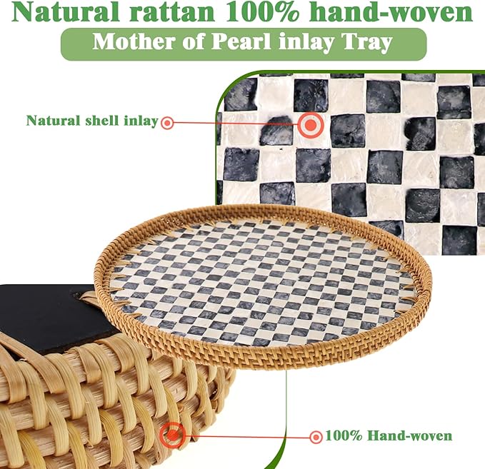 13.8” Round Rattan Tray with Mother of Pearl Inlay, Handwoven Wicker Coffee Table Serving Basket Tray for Fruit Snack Party Picnic Cafe Bedroom Kitchen Home Decor 1 Pcs (Chessboard)