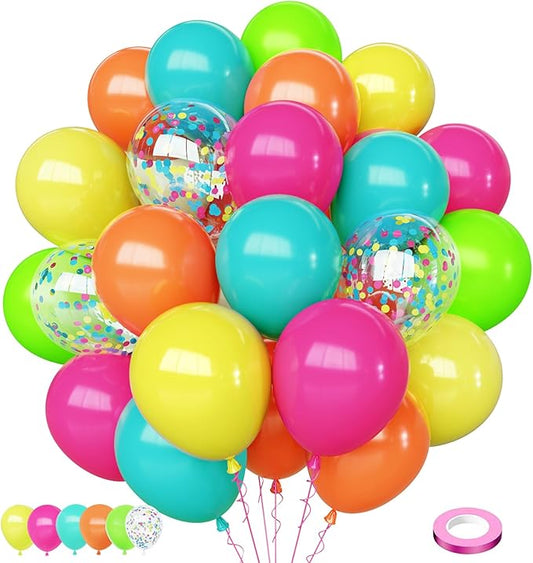 Tropical Hawaiian Balloons Set, 65Pcs 12In Summer Party Balloons with Hot Pink Green Orange Yellow Teal Blue for Hawaiian Summer Birthday Party Decorations