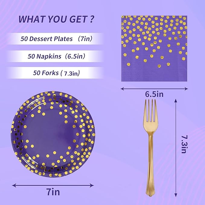 Purple and Gold Paper Tableware Set-150PCS-50 x 7'' Paper Dessert Plates & 50 x 6.5''Napkins & 50 x 7.3''Forks,Disposable Party Supplies for Birthdays,Graduation,Bridal Parties,Carnival
