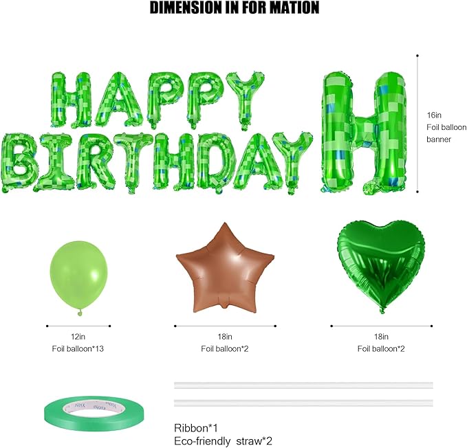 CANREVEL Happy Birthday Banner 30 Pcs 16 Inch Mylar Foil Letters with Star & Heart Balloons Green Pixel Miner Theme Birthday Party Decorations for Kids and Adults